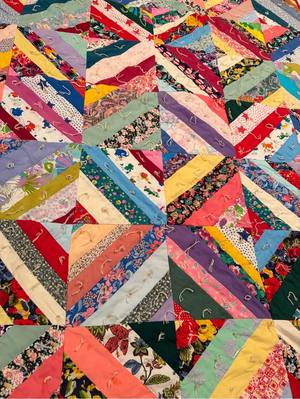 Vintage Multicolor Patchwork crazy quilt hand tied 74”x64” cotton farmhouse